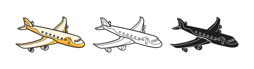 Airplane vector illustration in color, outline, and black and white style. Flat cartoon graphics. Traveling around the world art. 