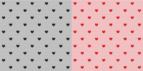 Mesh in hearts seamless vector pattern. Lace ornament for sexy transparent lingerie and stockings in black and red colors. Luxurious fabric clip art. 
