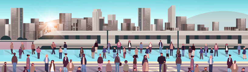 Obraz na płótnie Canvas multiethnic people group standing on railway station mix race men women waiting train on platform public transport concept