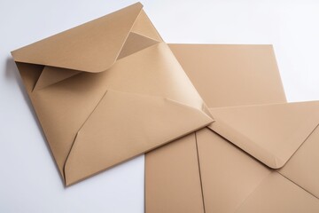  a group of brown envelopes sitting on top of a white table top next to a white wall and a white background with a white background.  generative ai