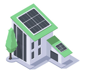 Charger station with Solar panel on the roof of house. Eco energy concept for safe environment in city. Modern clean renewable power for home life. Isometric vector illustration isolated on background