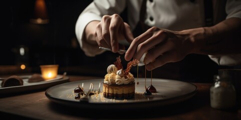 Artistic dessert plating by a creative chef with striking volumetric lighting, generative ai - obrazy, fototapety, plakaty