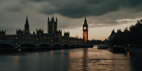 Fototapeta na wymiar London Cityscape at Night with Big Ben and Thames River, generative ai