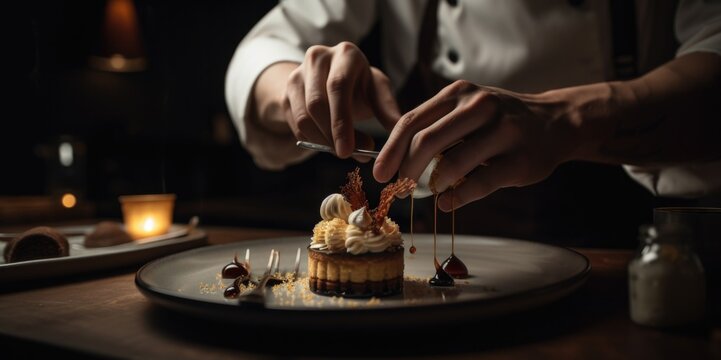 Artistic dessert plating by a creative chef with striking volumetric lighting, generative ai