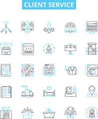 Client service vector line icons set. Client, Service, Client-service, Help, Assistance, Support, Guidance illustration outline concept symbols and signs