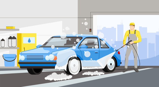 Car wash service banner. Automotive cleaning station. Carwash process promotion. Worker wash dirty car by pressure. Man in uniform washing vehicle in cityscape. Car Care Company. Vector illustration