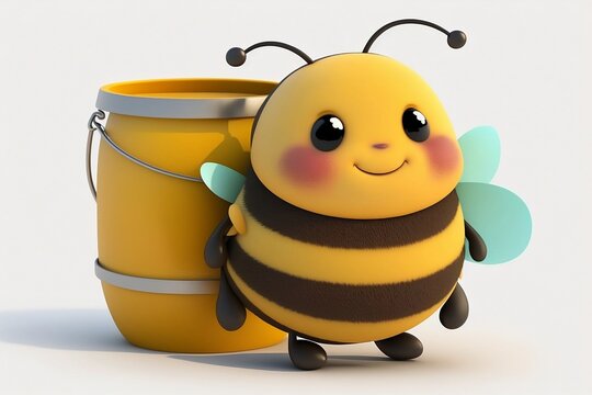 recommend clip art: 3d cartoon cute fat bee with a pot of honey isolated on white background. Generative AI