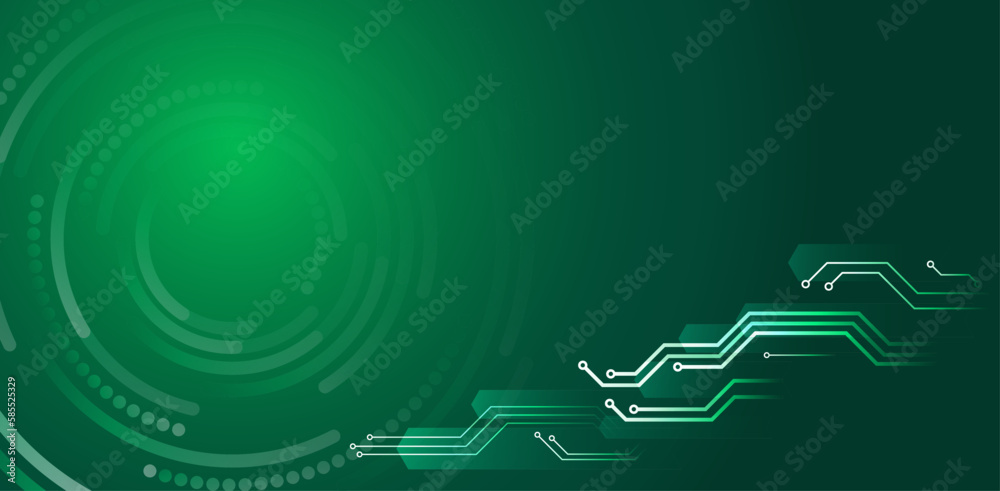Poster Abstract circle technology communication vector illustration. Futuristic design for presentation. Hi-tech computer digital technology concept. Wide green background with various technological elements