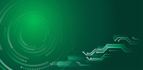 Abstract circle technology communication vector illustration. Futuristic design for presentation. Hi-tech computer digital technology concept. Wide green background with various technological elements