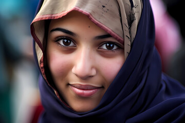Fototapeta premium Hijab - A head covering worn by Muslim women. Made of lightweight fabric and is worn to cover the head and neck (Generative AI)
