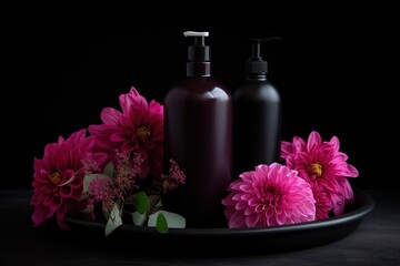 Obraz na płótnie Canvas a black plate with pink flowers and two bottles of lotion. generative ai