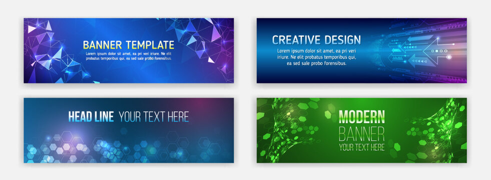 Modern banner design for medicine, internet network, artificial intelligence, big data. High-tech media cover. Technology horizontal banners set. Blue futuristic science presentation collection.
