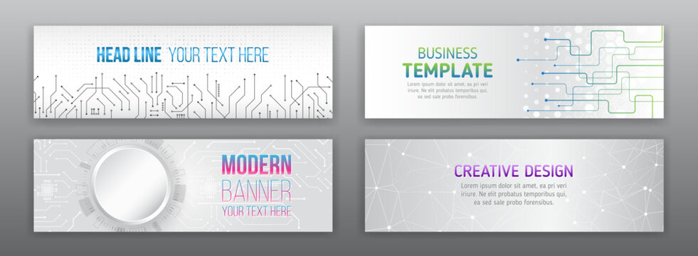 Set banner templates for websites. Abstract social media cover design. Horizontal header web background. High tech design with technological elements. Science and digital technology concept.