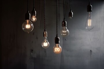 a group of light bulbs hanging from a ceiling in a dark room with a dark wall in the background and a number of light bulbs hanging from the ceiling.  generative ai