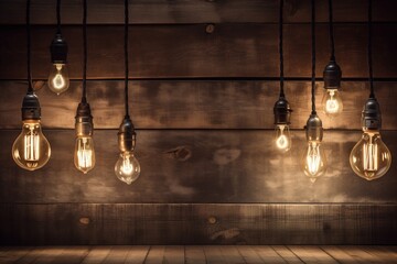  a group of light bulbs hanging from a wooden wall with a wooden floor in front of them and a wooden wall in the back ground.  generative ai