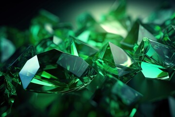  a bunch of green diamonds that are on a black surface with a green light shining on them and a black background with a green light shining on the top of them.  generative ai