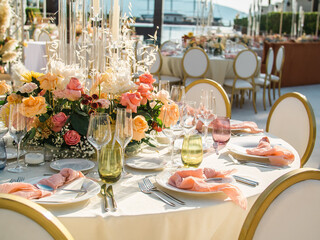 Beautiful outdoor wedding decoration in city. Candles and dried flowers and accessories with bouquets and glasses on table with linen tablecloth on newlywed table on green lawn