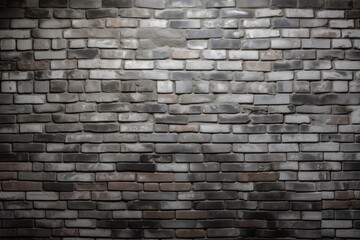  a black and white brick wall with a grungy effect in the middle of the wall and a light shining on the brick wall.  generative ai
