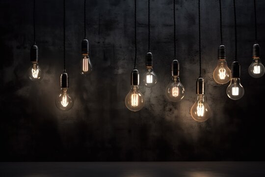  A Group Of Light Bulbs Hanging From A Ceiling In A Dark Room With A Concrete Wall Behind Them And A Concrete Floor Below Them With A Black Background.  Generative Ai