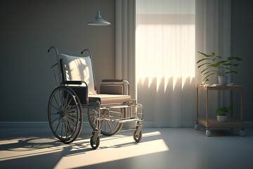 An empty wheelchair near the window against the backdrop of sunlight
