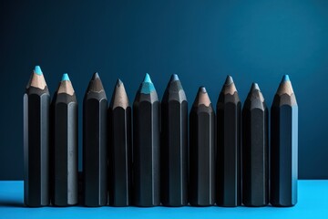  a row of black pencils lined up on a blue surface with a blue background in the middle of the row is a single blue pencil.  generative ai