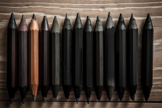 a row of black and brown pencils lined up on a wooden surface with a wooden background with a few more pencils lined up in the same row.  generative ai