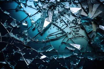 a broken glass window with a blue background and a broken window pane.  generative ai