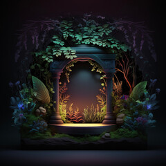 Secret Garden Lush Natural Scene Plants Flora Fauna Foliage Archway Light Product Display Podium Generative AI