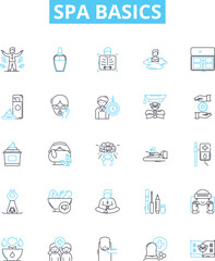 Spa basics vector line icons set. Spa, Services, Treatments, Massage, Facials, Manicures, Pedicures illustration outline concept symbols and signs