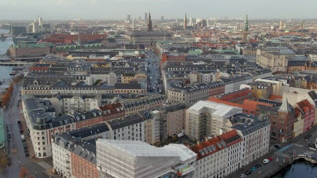 Flying over Nyhavn toward old town Copenhagen