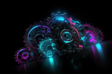  a group of colorful gears sitting on top of a black table next to a black wall with a neon light on it and a black background.  generative ai