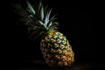  a pineapple sitting on top of a table in a dark room with a black background and a black background with a black background and white pineapple in the center.  generative ai