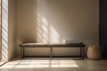  a bench sitting in a room next to a wall with a window.  generative ai