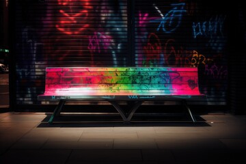  a colorful bench in front of a window with blinds on it.  generative ai