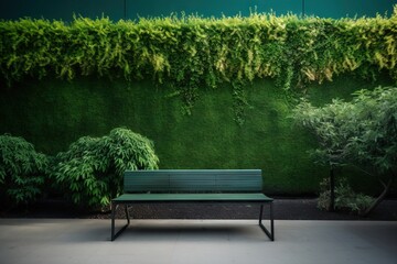 Fototapeta na wymiar a green bench in front of a green wall with a green plant. generative ai