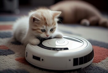 kittens sitting on robotic vacuum cleaner. White vacuum cleaner is working on the floor with calm pet sleeping on it. Clean floor. Generative AI