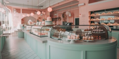 Pastel-colored Cake Shop Interior, generative ai