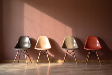  a row of chairs sitting in front of a pink wall.  generative ai