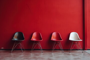  a row of four chairs sitting next to a red wall.  generative ai