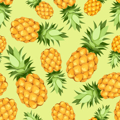 Tropical seamless pattern with pineapple fruit on a green background. Vector seamless background