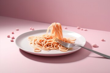  a plate of spaghetti with a fork stuck in it with hearts scattered around it on a pink surface with a pink wall and pink floor.  generative ai