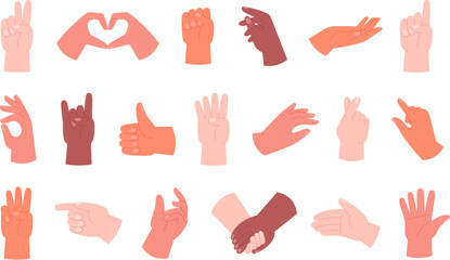 Flat hands gestures, thumb up and hands up. Handshake, palms gesture in talk. Different finger poses, fist and open arm, racy vector clipart