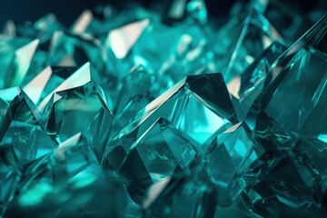  a close up of a bunch of green glass diamonds on a table top with a black background in the middle of the image is a blurry image.  generative ai