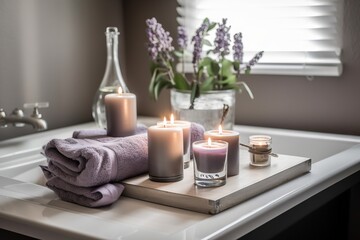 Obraz na płótnie Canvas a tray with candles and towels on a bathroom countertop. generative ai