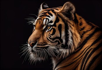 Fototapeta na wymiar a tiger with a black background and a brown and black background with a white stripe on it's face. Generative AI
