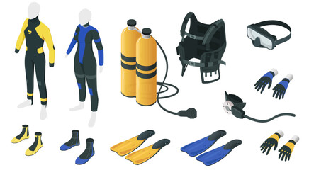 Scuba diving gear in isometric view. Equipment for under water adventure. Wetsuits and gloves, scuba mask, fins, oxygen tank with regulator 3D icons. Underwater ocean or sea sport. Vector illustration