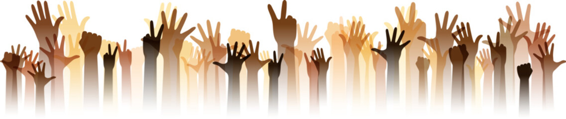 Fototapeta premium Hands up silhouettes, horizontal border. Decoration element from human raised hands. Conceptual illustration for festivals, concerts, social public communities, education or volunteering.