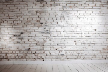  a white brick wall with a white floor and a white chair in front of it with a light coming from the top of the wall.  generative ai