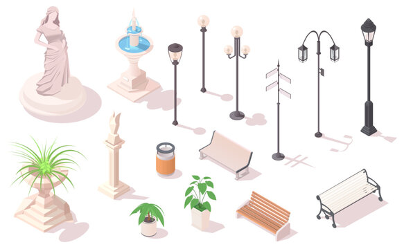 Collection of city alley lampposts isolated on white background. Set of isometric outdoor furniture Bench, fountain, garbage, urn for town map and construction of urban landscape. Vector illustration