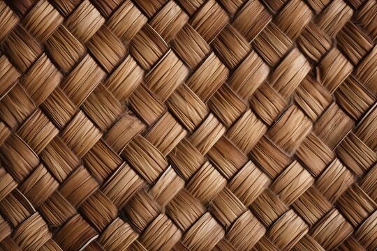  a close up view of a woven bamboo mat with a brown background.  generative ai